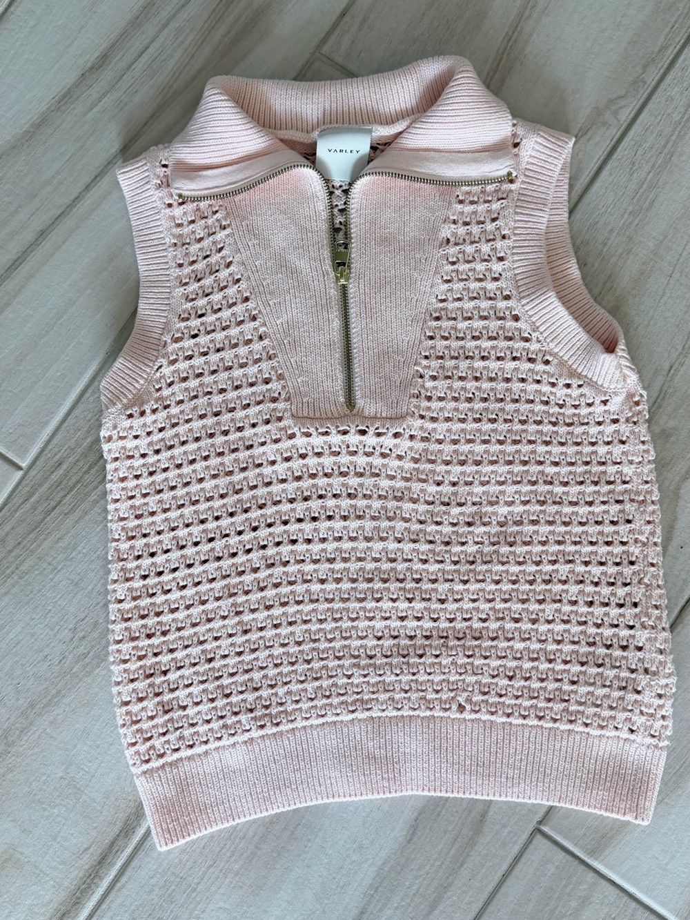 Varley Bains pale pink/peach colored knit sleeveless sweater vest